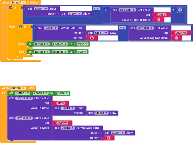 The image shows a block-based visual programming interface with code for controlling a button's enabled state and storing time values using clock and database components. (Captioned by AI)