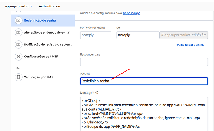 A screenshot of an email authentication settings page showing options to redefine password, change email address, register notification, SMTP settings, and SMS verification, with the password reset email template open and highlighted by a red arrow. (Captioned by AI)