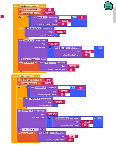 A colorful block-based programming code snippet likely from MIT App Inventor or a similar visual coding environment, involving data storage and retrieval operations triggered by button clicks. (Captioned by AI)