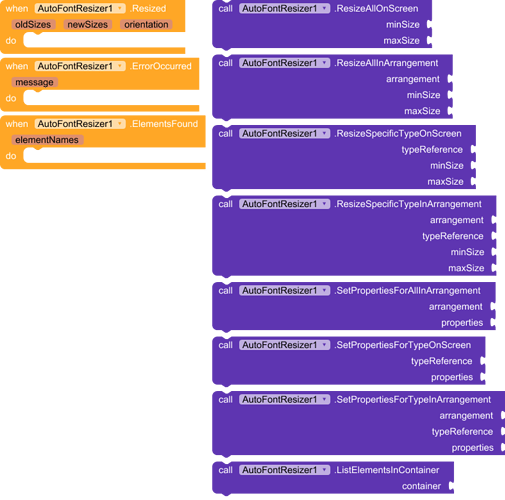 A screenshot of a visual programming interface showing blocks for an AutoFontResizer component with various event handlers and function calls related to resizing and setting properties of UI elements on screen arrangements and type-in arrangements. (Captioned by AI)