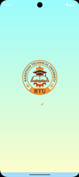 The image shows the emblem of Rajasthan Technical University (RTU) centered on a gradient background transitioning from light blue at the top to a pale yellow at the bottom. (Captioned by AI)