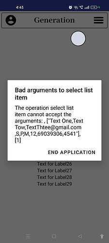 A mobile app displays an error message stating "Bad arguments to select list item" with a detailed explanation of invalid arguments, over a partially visible list of labels. (Captioned by AI)