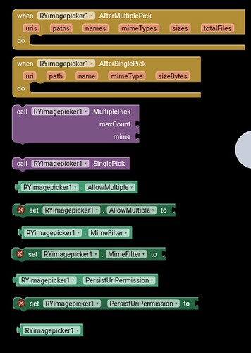 The image shows a block-based programming interface with code blocks configuring an image picker component, including event handlers for multiple and single image selections, and settings for allowing multiple picks and setting MIME filters and permissions. (Captioned by AI)