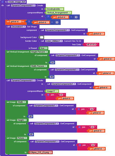 This image shows a block-based programming code in which various components are created and configured, including setting properties and adding images dynamically within a visual programming environment. (Captioned by AI)