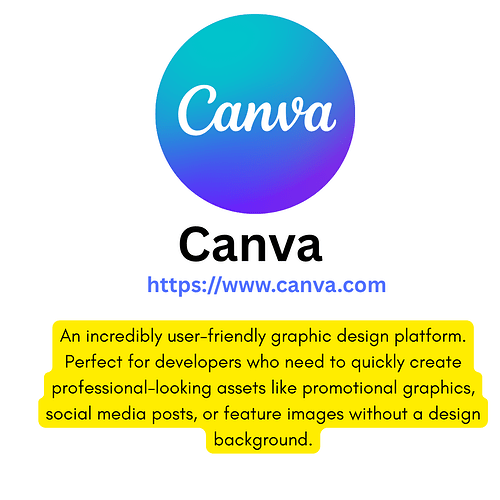 The image shows the Canva logo with a description highlighting it as a user-friendly graphic design platform ideal for developers needing quick, professional-looking assets without design skills. (Captioned by AI)