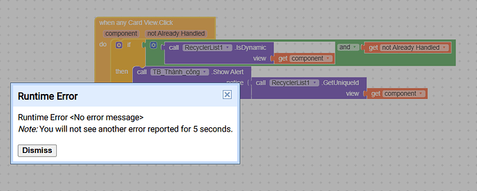 A programming interface showing a block-based code with a runtime error message stating "Runtime Error <No error message>" and a note that no further errors will be reported for 5 seconds. (Captioned by AI)