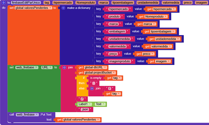 A visual programming interface displaying code blocks for setting product details and calling a web Firebase service with JSON data. (Captioned by AI)