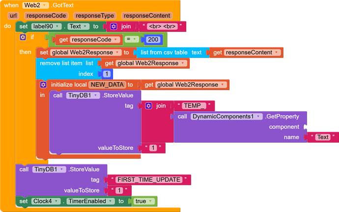 A block-based programming interface showing conditional logic for processing a web response and storing text in TinyDB. (Captioned by AI)