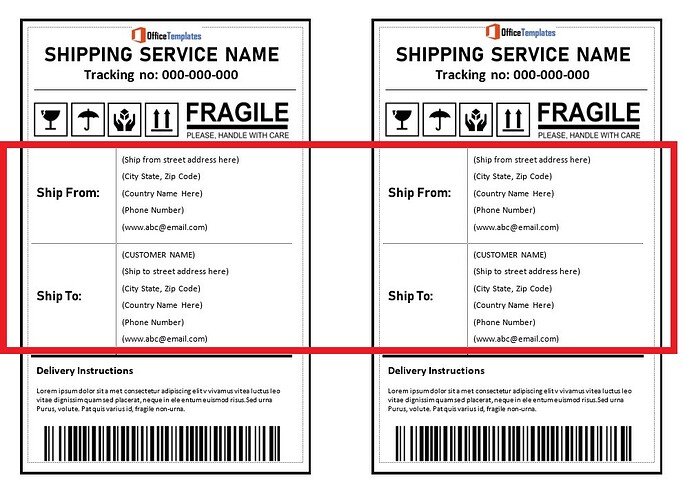 The image shows two identical shipping service labels marked "FRAGILE," each with sections for sender and recipient information, delivery instructions, and a barcode at the bottom. (Captioned by AI)