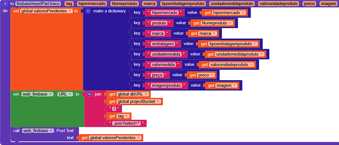 A block-based programming interface script that collects product details into a dictionary and posts the data to a Firebase web database. (Captioned by AI)