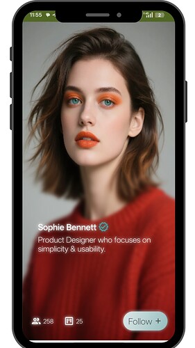 A smartphone screen shows a social media profile of a woman named Sophie Bennett, with a profile picture, a brief bio stating she is a mother and psychologist, and a red background design. (Captioned by AI)