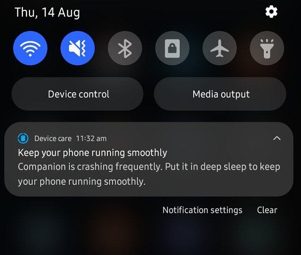 A smartphone notification panel shows a warning from Device care advising to put the Companion app in deep sleep to prevent frequent crashes and keep the phone running smoothly. (Captioned by AI)