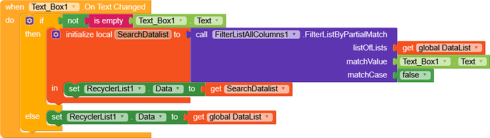 This image shows a block-based programming script that updates a RecyclerList's data based on text input by filtering a global data list with a partial match function when the text changes, or resetting it if the input is empty. (Captioned by AI)