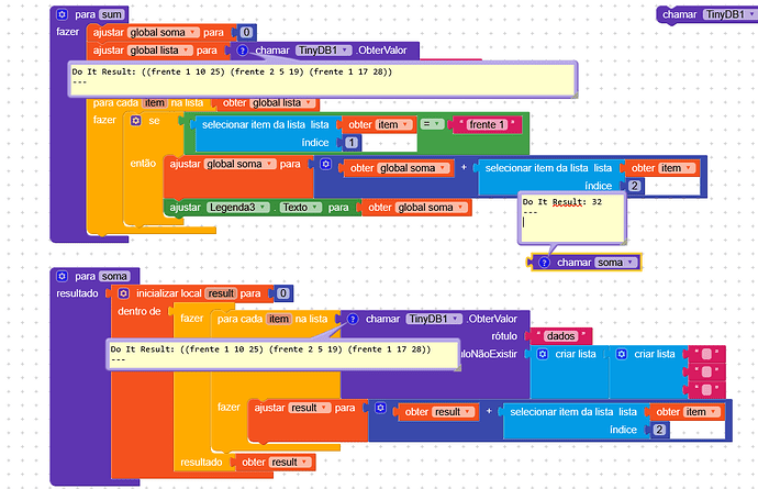 A colourful block-based programming interface displaying nested loops and list operations with comments and variables in Portuguese. (Captioned by AI)