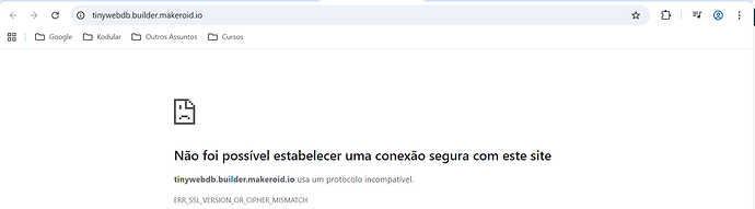The image shows a web browser displaying an error message in Portuguese stating that a secure connection to the site tinywebdb.builder.makeroid.io could not be established due to an incompatible protocol. (Captioned by AI)