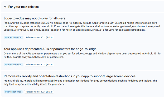 A software documentation page describing updates for app developers on edge-to-edge display support, deprecated APIs, and orientation restrictions for Android releases 15 and 16. (Captioned by AI)