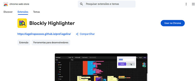 The image shows a Chrome Web Store page for the extension 'Blockly Highlighter' with options to use it on Chrome and links to its developer tools and repository. (Captioned by AI)