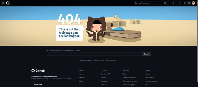 A 404 error page on GitHub featuring the Octocat mascot sitting beside a lifebuoy on a sandy beach with the message, "This is not the web page you are looking for." (Captioned by AI)
