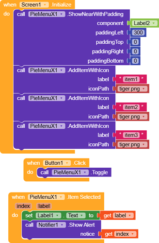 This image shows a block-based programming code snippet in a visual development environment, initializing a PieMenu component with three items labeled 'item1', 'item2', and 'item3', each with a tiger icon, toggling the menu on button click, and displaying alerts when an item is selected. (Captioned by AI)