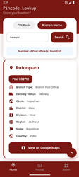The image shows a mobile app interface for pincode lookup, displaying details for the Rotanpura branch including PIN code 332702, branch type, delivery status, division, region, circle, and an option to view the location on Google Maps. (Captioned by AI)
