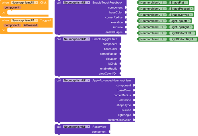 A block-based programming interface using NeumorphismUI1 component functions to enable touch feedback, toggle component states, apply advanced neumorphism styling, and reset views with customizable properties. (Captioned by AI)