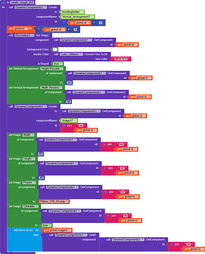 A colourful programming script composed of various code blocks connected vertically, likely designed using a visual block-based coding environment such as Scratch or MIT App Inventor. (Captioned by AI)