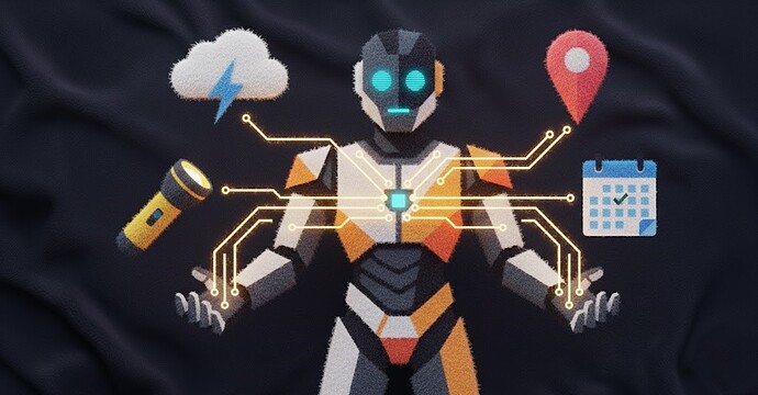 A futuristic robot stands with glowing blue eyes and chest, connected by circuit-like lines to various icons including a cloud with lightning, a flashlight, a location pin, and a calendar. (Captioned by AI)