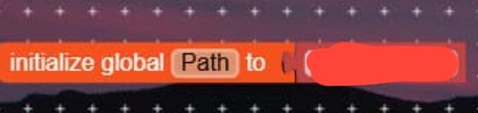 The image displays a programming block that initializes a global variable named 'Path' to a specific value, which is partially redacted. (Captioned by AI)