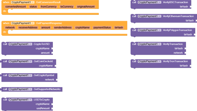 A visual programming interface with blocks related to cryptocurrency payment processing and verification functions in a code editor environment. (Captioned by AI)