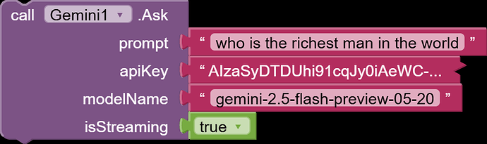A visual block of code calling an AI model named Gemini1 to ask the question "who is the richest man in the world" using a specific API key and model version, with streaming enabled. (Captioned by AI)