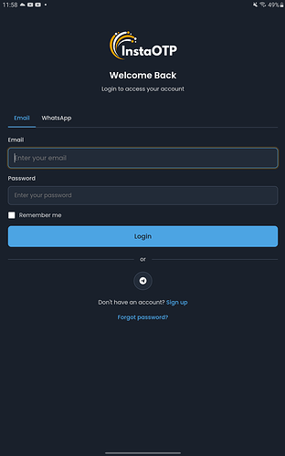 A mobile app login screen for InstaOTP displaying fields for email/username and password with options to remember the user, login, reset password, and sign up. (Captioned by AI)