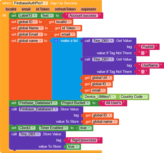 This image shows a block-based programming script for handling Firebase authentication success, storing user information, retrieving data from a TinyDB component, and setting timer and database update operations. (Captioned by AI)