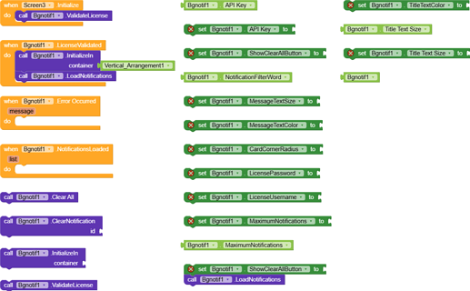 The image shows a block-based programming interface with code blocks for initializing licenses, handling events, setting text, and configuring notifications. (Captioned by AI)