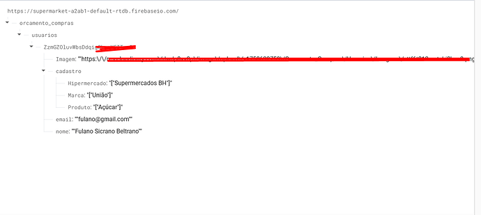 A screenshot of a Firebase Realtime Database JSON structure showing user purchase data with entries including supermarket, brand, product, email, and name details. (Captioned by AI)
