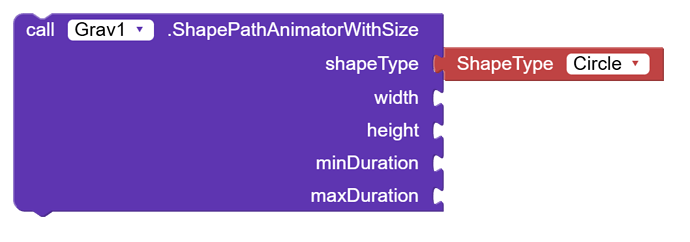 A programming block calling Grav1.ShapePathAnimatorWithSize with shapeType set to Circle and parameters for width, height, minDuration, and maxDuration. (Captioned by AI)