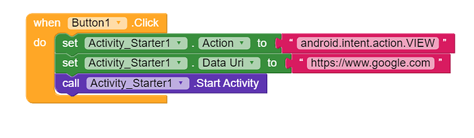 The image shows a block-based programming script from an app builder where clicking Button1 triggers an activity to view the URL https://www.google.com using Activity_Starter1. (Captioned by AI)