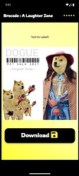 A humorous digital poster titled 'Brocade: A Laughter Zone' features anthropomorphic dogs dressed in outfits, including a dog in a red beret and colorful attire, alongside three other dogs with guitars, with a prominent 'Download' button at the bottom. (Captioned by AI)