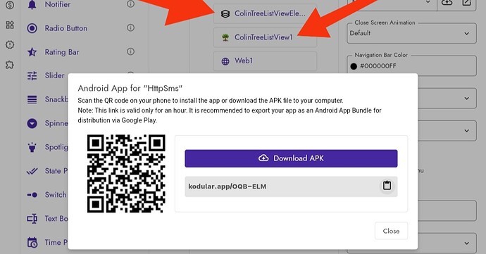 A screenshot of an Android app interface showing a QR code and a download button for an APK file labeled 'HttpSms'. (Captioned by AI)