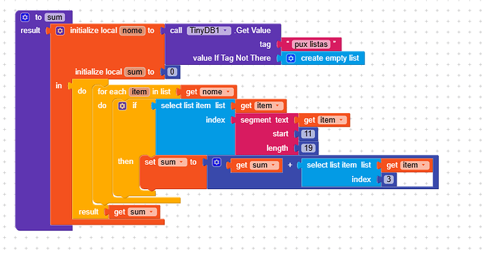 A visual programming block script that initializes a local variable from a database, iterates through a list, performs a conditional check on list item text segments, and sums specific list item values. (Captioned by AI)