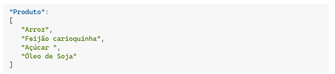The image shows a JSON list of grocery products including rice, carioca beans, sugar, and soybean oil. (Captioned by AI)