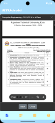 A screenshot of an RTU Droid mobile application showing a scanned document about Computer Engineering (2019-20 V to VI Sem) from Rajiv Gandhi Technical University, Kota, including a course structure and subjects list for 2019-2020. (Captioned by AI)