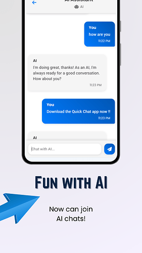 The image shows a phone screen with a chat conversation about AI and a promotional message encouraging users to join AI chats using the Quik Chat app. (Captioned by AI)