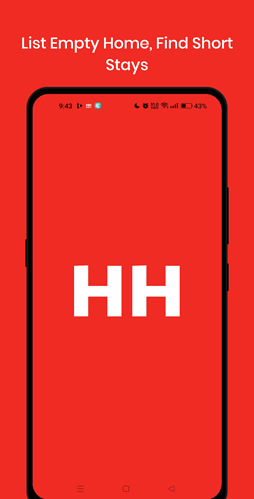 A smartphone screen displays a red app interface with the initials 'HH' in white and the text 'List Empty Home, Find Short Stays' at the top. (Captioned by AI)