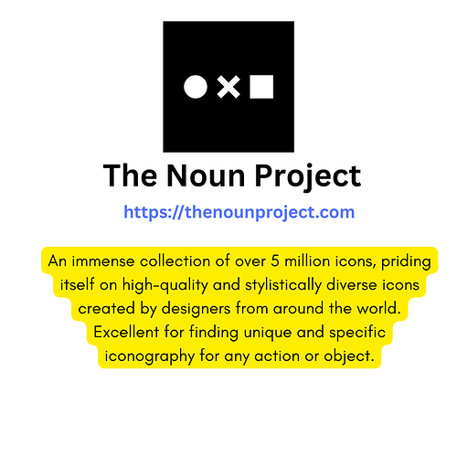 The image shows the logo of The Noun Project with text describing it as a collection of over 5 million high-quality, stylistically diverse icons created by designers globally, useful for finding unique and specific iconography. (Captioned by AI)
