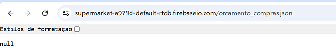 A browser window displays a JSON file URL with a checkbox labeled "Estilos de formatação" and the text "null" underneath. (Captioned by AI)
