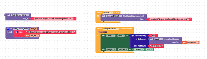 A block-based visual code snippet for obtaining a direct download link from a Google Drive file ID and setting an image and label text based on the response. (Captioned by AI)
