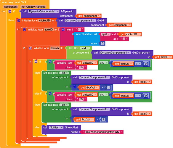 This image shows a colourful block-based programming interface with nested conditional blocks primarily involving dynamic components, text box initializations, and index-based selections. (Captioned by AI)