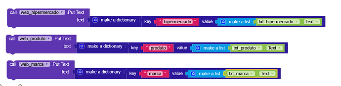 The image shows blocks of visual programming code creating dictionaries with keys ('hipermarcado', 'produto', 'marca') and values taken from text input fields, assigning them to web components for each respective category. (Captioned by AI)