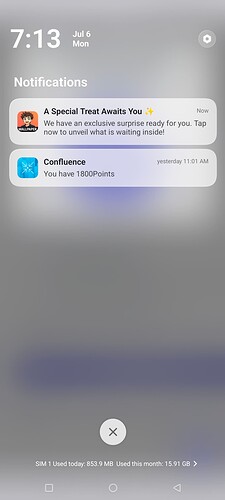 A smartphone lock screen showing the time as 7:13, date as July 6 Thursday, with notifications including a special treat from You and a Confluence message about 1000 points. (Captioned by AI)