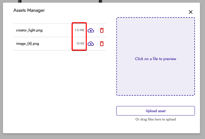 A screenshot of an Assets Manager window showing two image files with their sizes and options to download or delete, alongside a preview area and upload button. (Captioned by AI)
